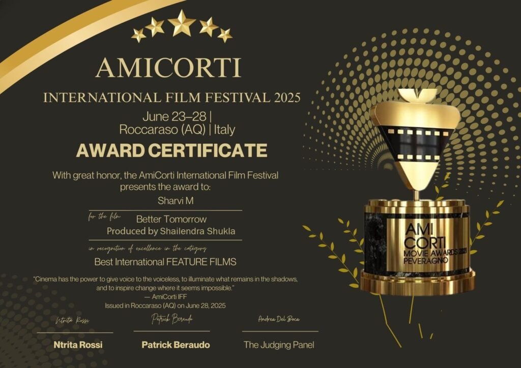 Tamil Film Better Tomorrow awarded ‘ Best International Feature Film ‘ at the AmiCorti International Film Festival Italy 2025